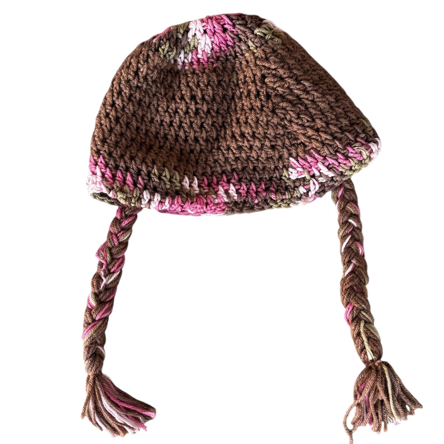 Handmade Women’s Hand-Knit Crochet Earflap Winter Hat Brown Pink Button 3D Rosette Braided Tassels