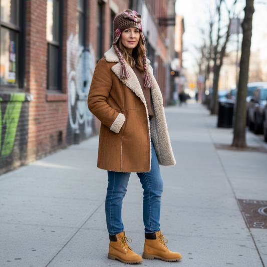 Handmade Women’s Hand-Knit Crochet Earflap Winter Hat Brown Pink Button 3D Rosette Braided Tassels