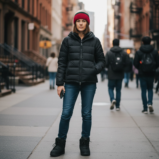 Handmade Knit-Hat Women’s Crochet Striped Beanie Red Forest Green & Oatmeal