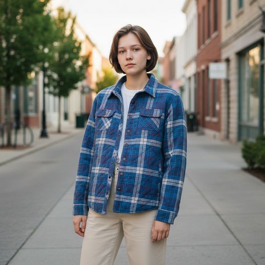 Cherokee Retro Quilted Plaid Flannel Women’s Jacket M | Juinior XL | Blue & Gray Cabincore Shacket