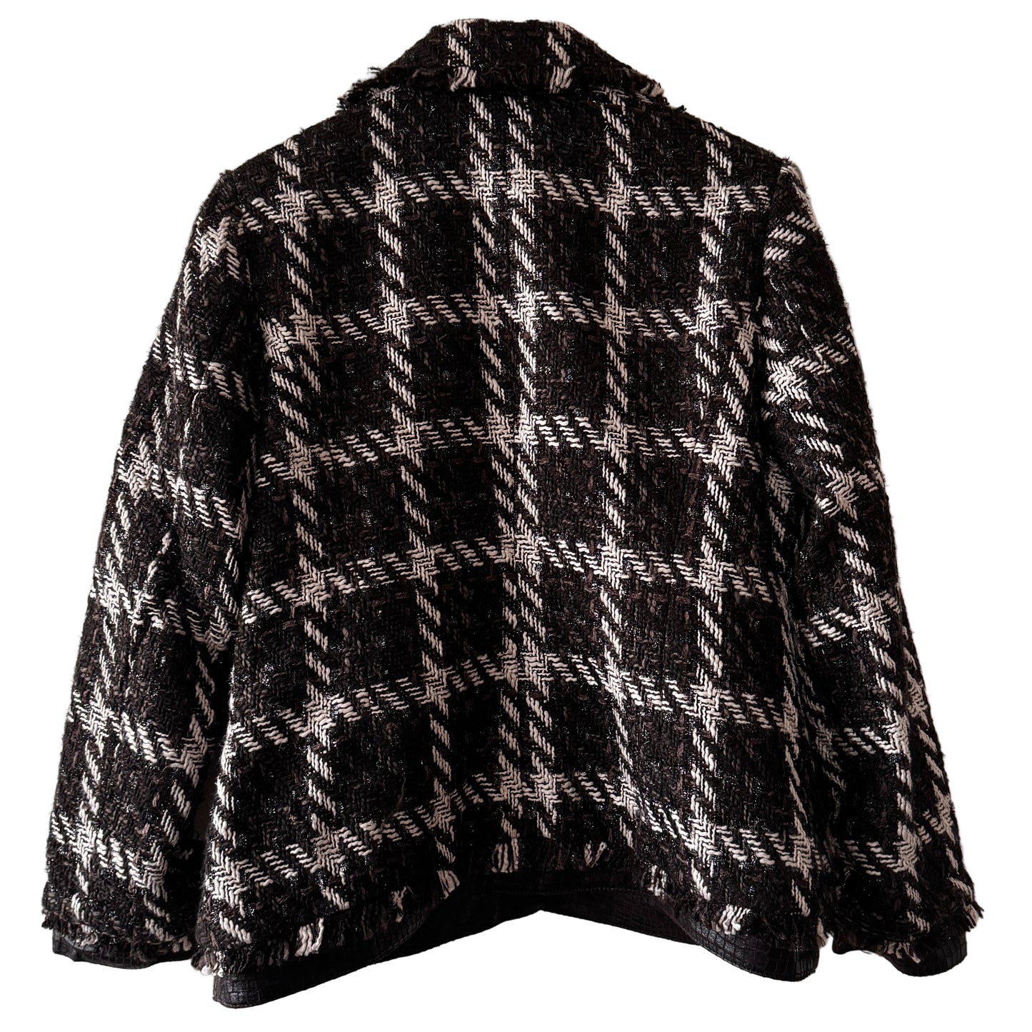 Chico’s Metallic Tweed Women’s Blazer w/ Faux Leather Trim | Retro Glam Fall Jacket | Size 1 (M)