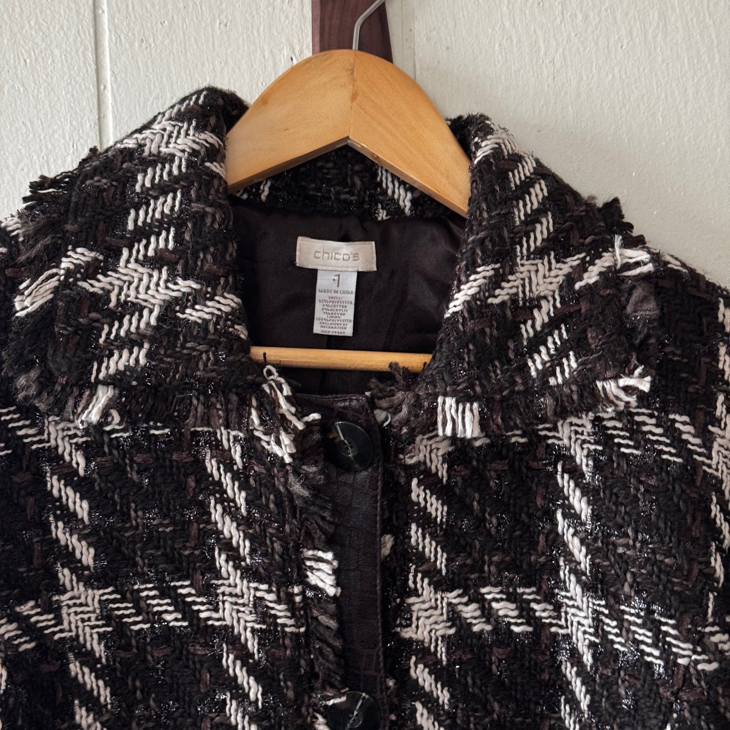 Chico’s Metallic Tweed Women’s Blazer w/ Faux Leather Trim | Retro Glam Fall Jacket | Size 1 (M)