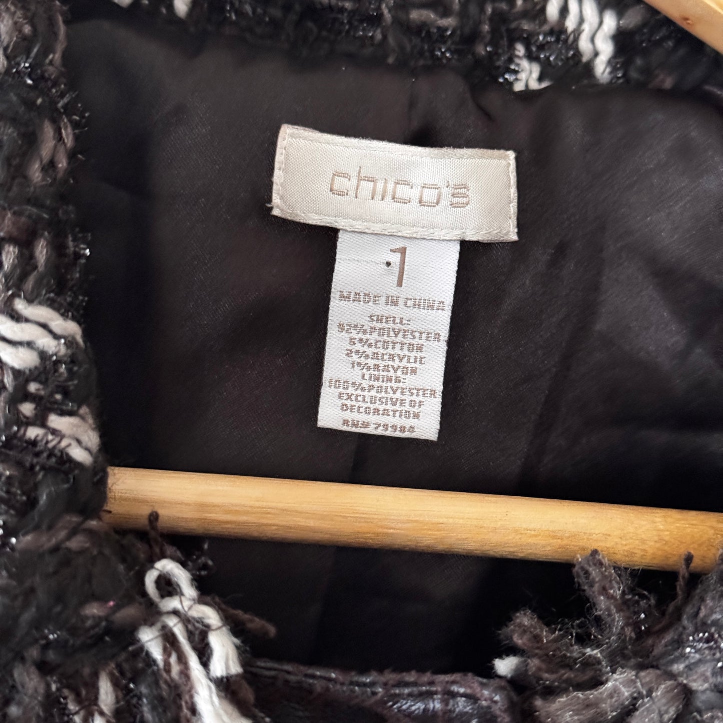 Chico’s Metallic Tweed Women’s Blazer w/ Faux Leather Trim | Retro Glam Fall Jacket | Size 1 (M)