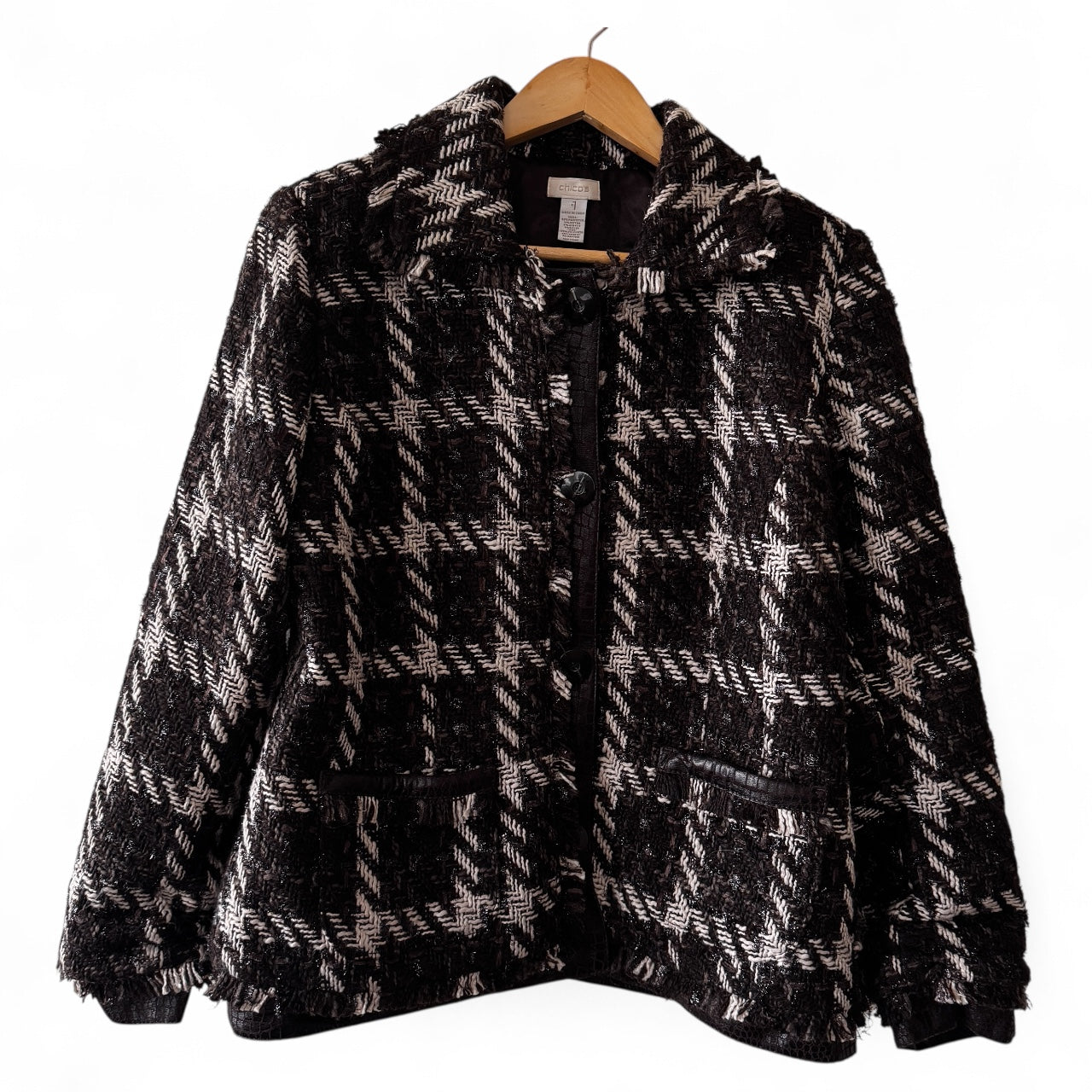 Chico’s Metallic Tweed Women’s Blazer w/ Faux Leather Trim | Retro Glam Fall Jacket | Size 1 (M)