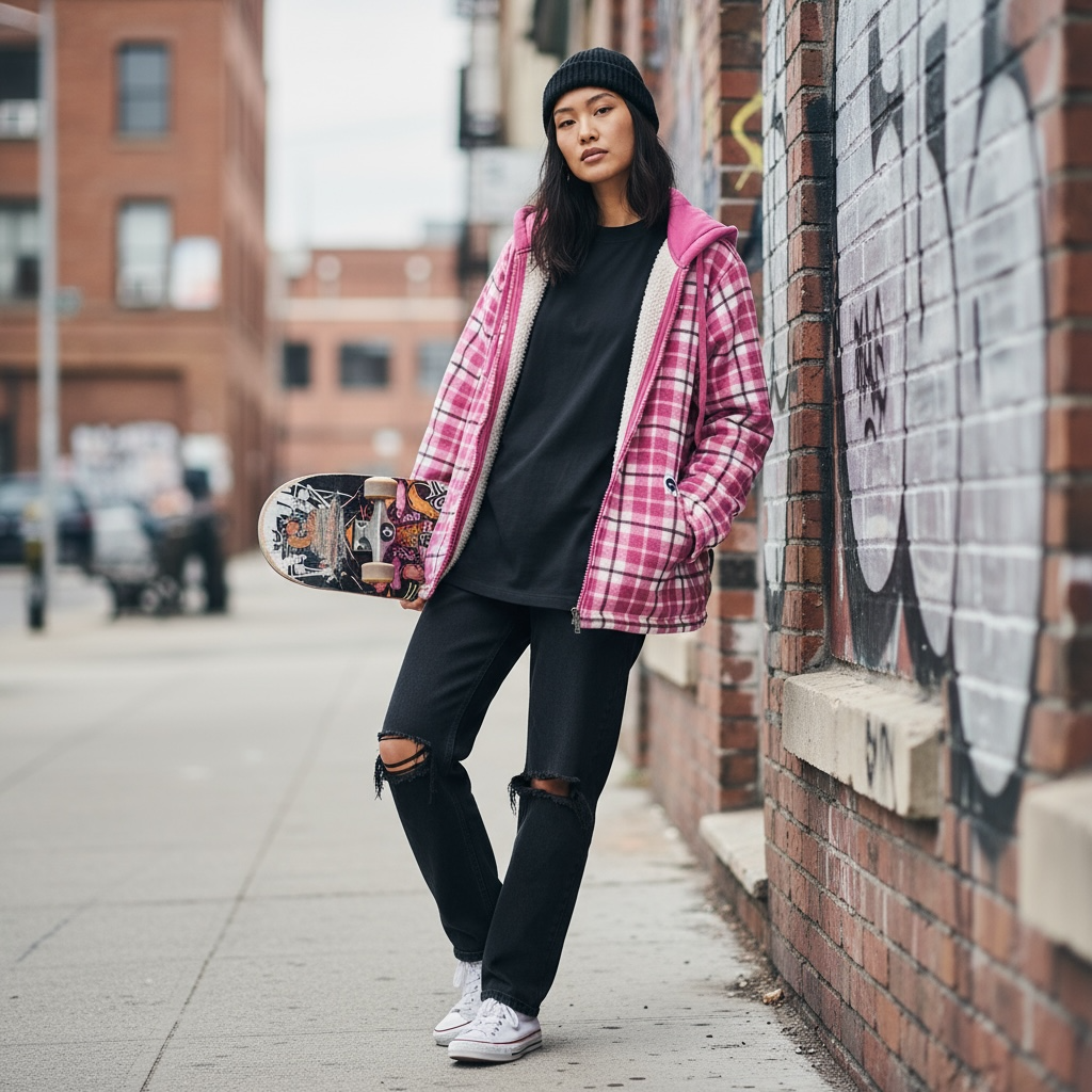 Buffalo Outdoors Pink Plaid Sherpa-Lined Women’s Jacket Hoodie | Retro Cute Grunge 90s Style | Large