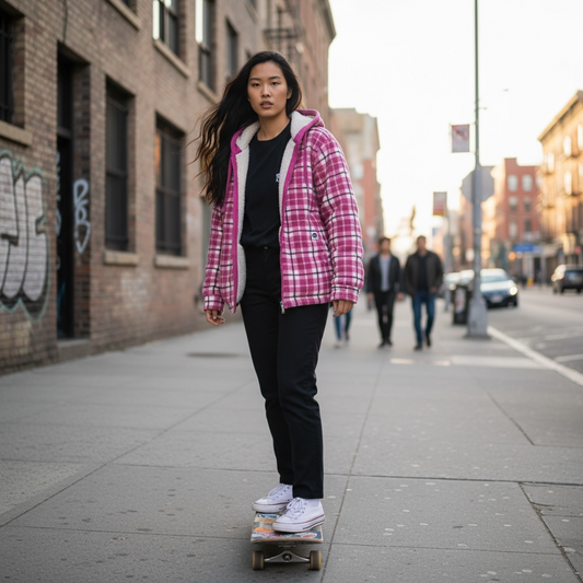 Buffalo Outdoors Pink Plaid Sherpa-Lined Women’s Jacket Hoodie | Retro Cute Grunge 90s Style | Large