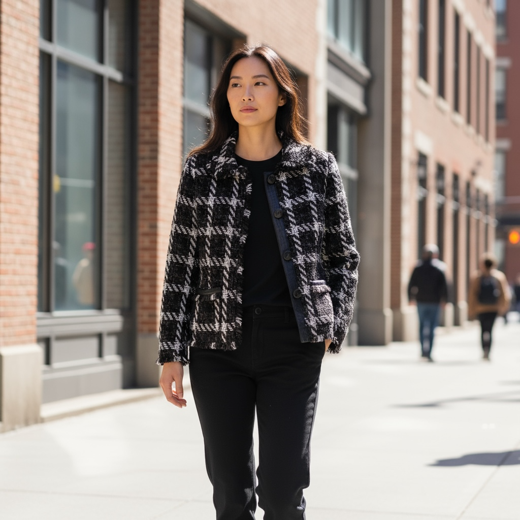 Chico’s Metallic Tweed Women’s Blazer w/ Faux Leather Trim | Retro Glam Fall Jacket | Size 1 (M)