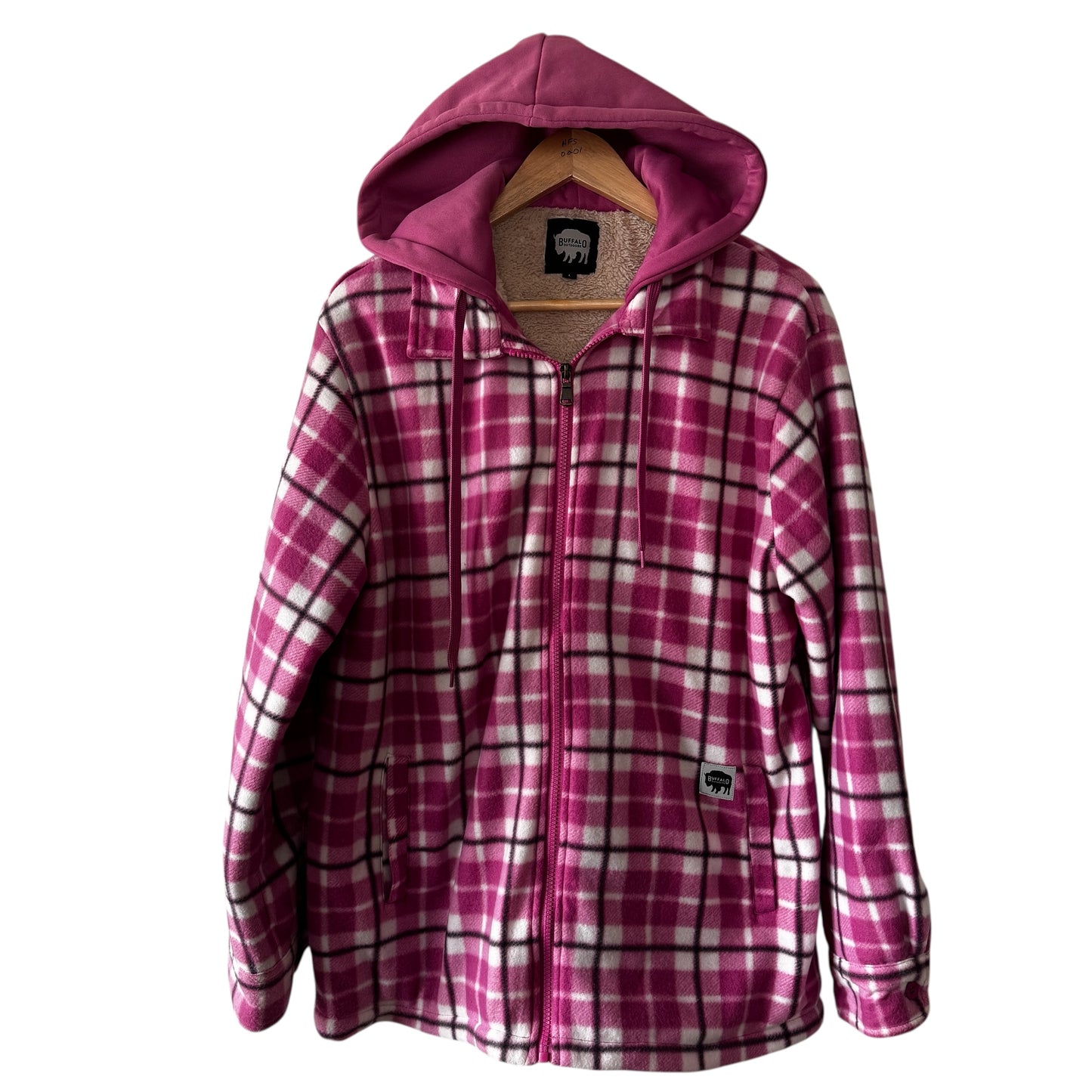 Buffalo Outdoors Pink Plaid Sherpa-Lined Women’s Jacket Hoodie | Retro Cute Grunge 90s Style | Large