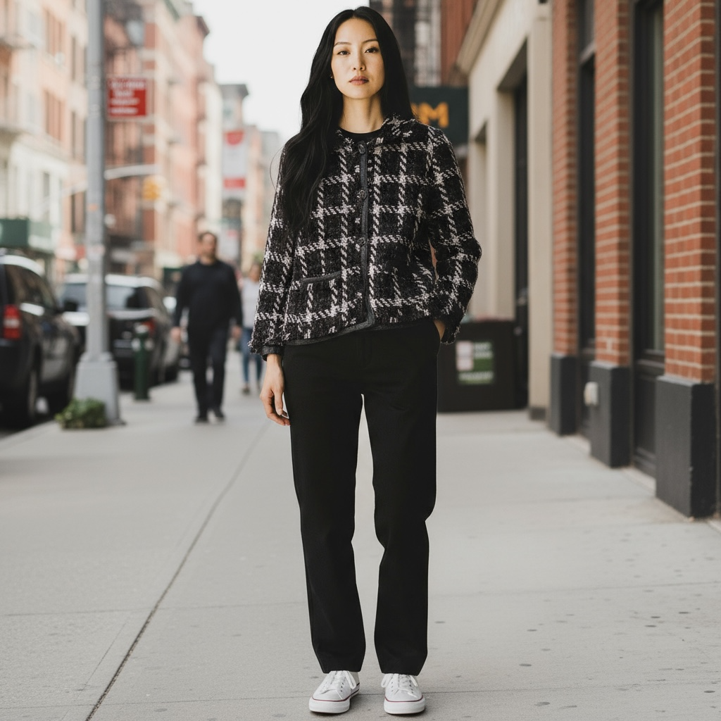 Chico’s Metallic Tweed Women’s Blazer w/ Faux Leather Trim | Retro Glam Fall Jacket | Size 1 (M)