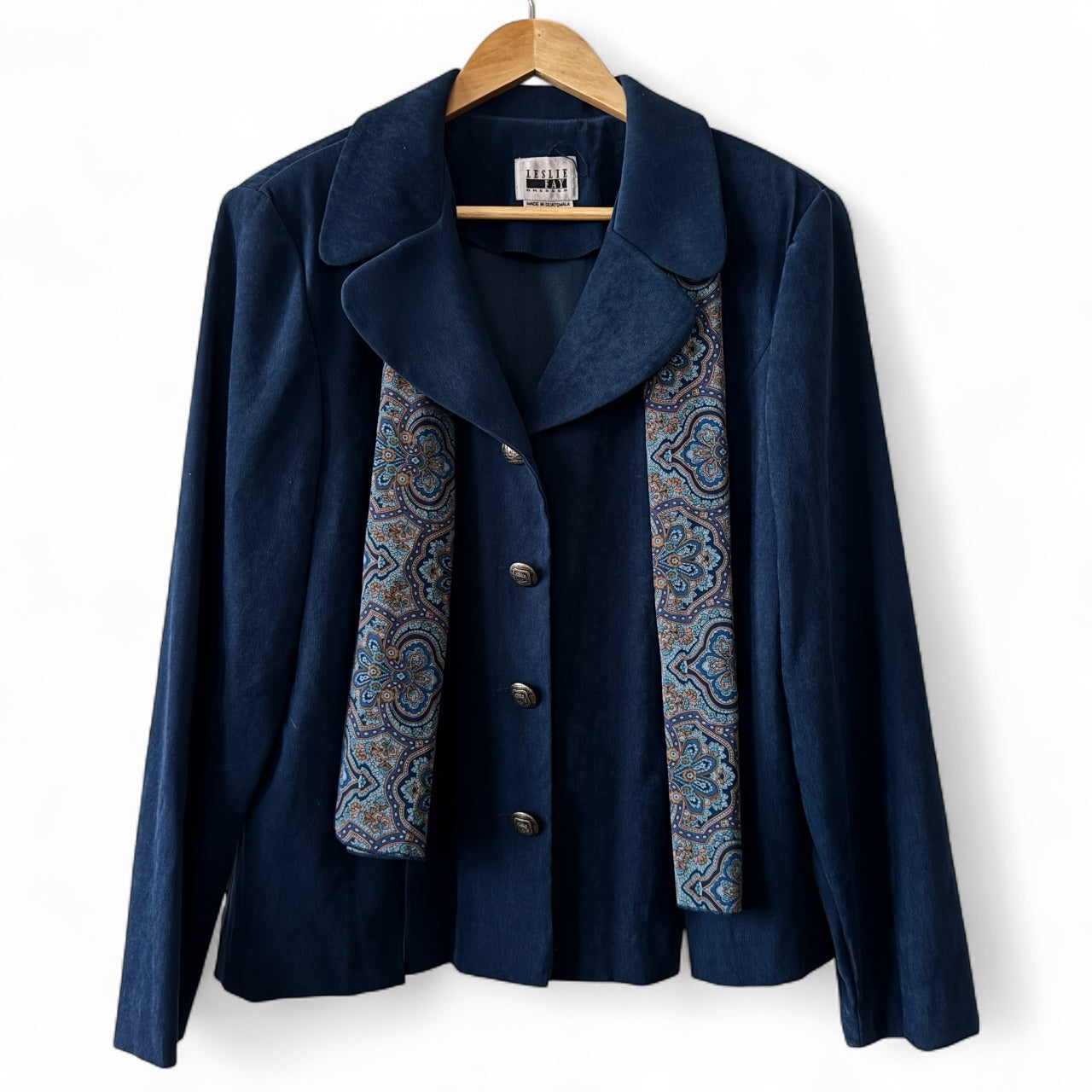 Vintage 1990s Women’s Blazer Leslie Fay with Removable Paisley Scarf | Powder Blue Faux Suede | Size 12 Made in Guatemala