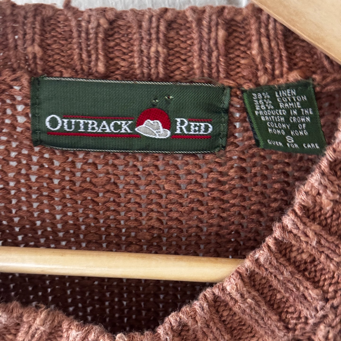 Vintage 80s Outback Red Cable Knit Women’s Sweater Rust Brown Linen Ramie Blend Size Small