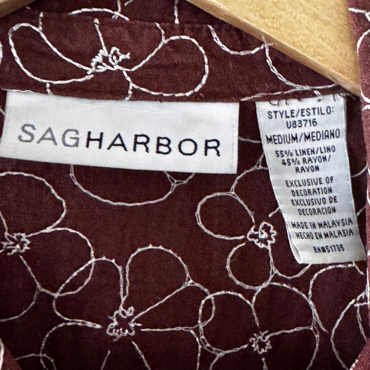 Vintage Sag Harbor Brown Floral Embroidered Button Front Women’s Top/Blouse Linen Rayon Blend Size Medium