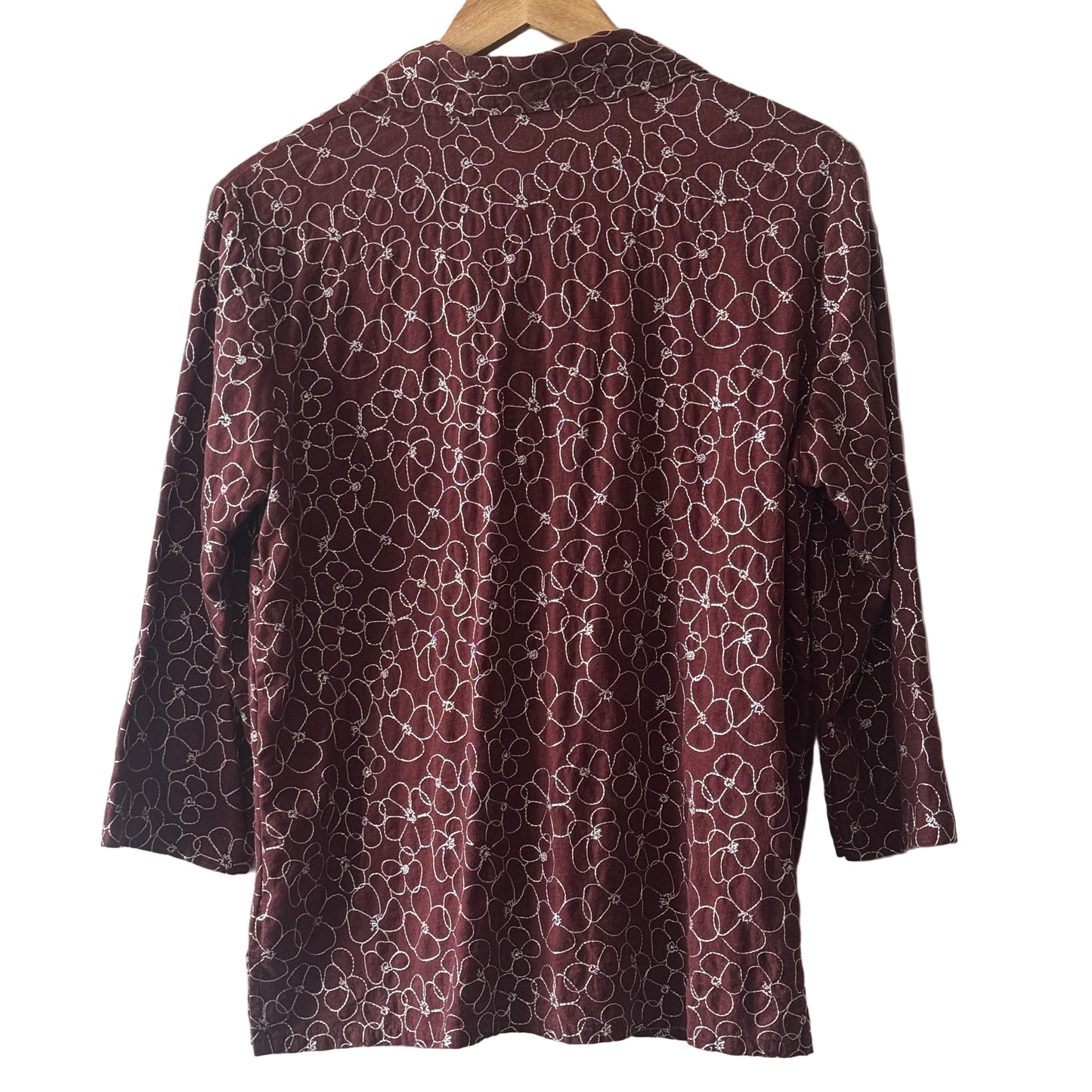 Vintage Sag Harbor Brown Floral Embroidered Button Front Women’s Top/Blouse Linen Rayon Blend Size Medium