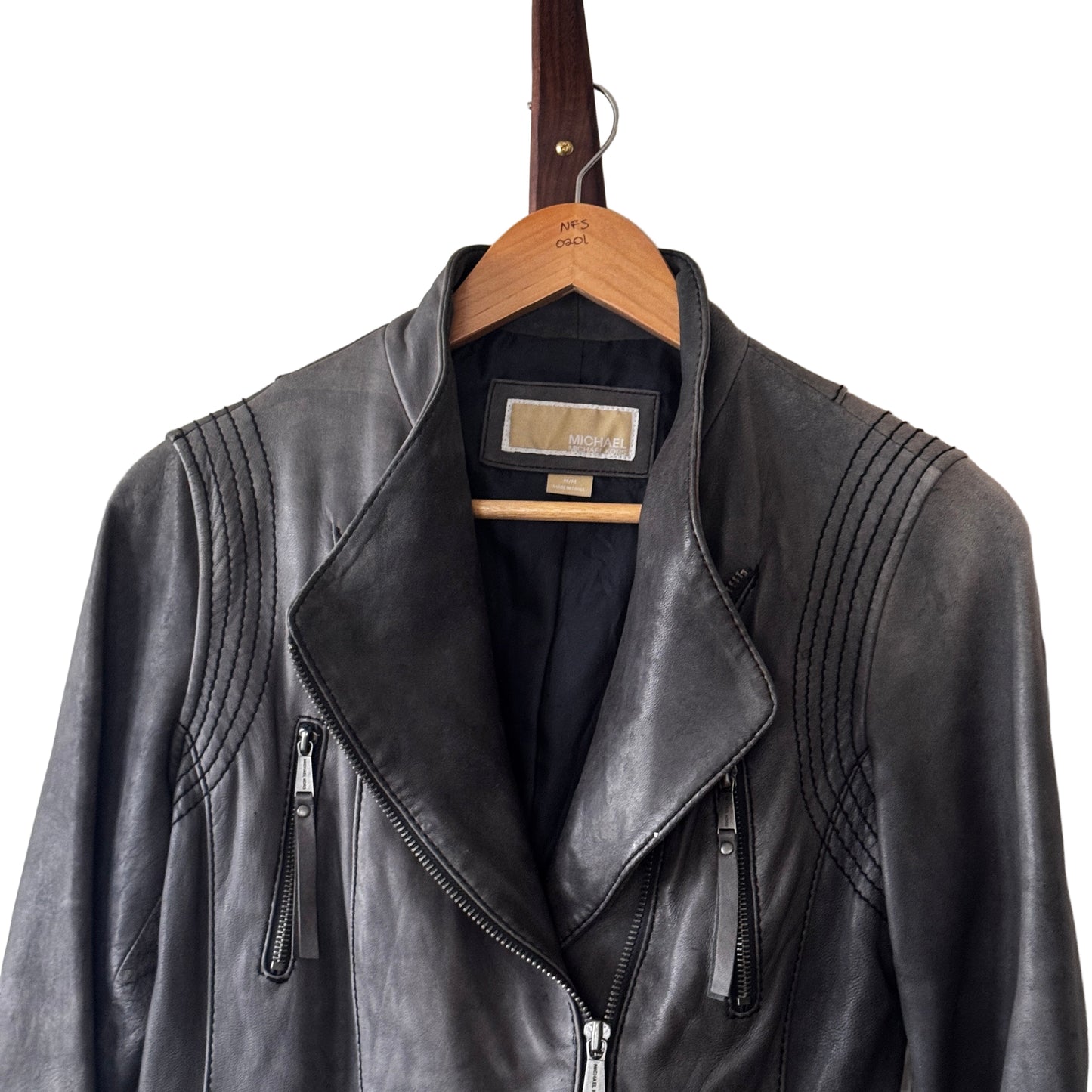 Retro Moto Style Genuine Leather Women’s Jacket – Michael Kors, Gray, Size Medium