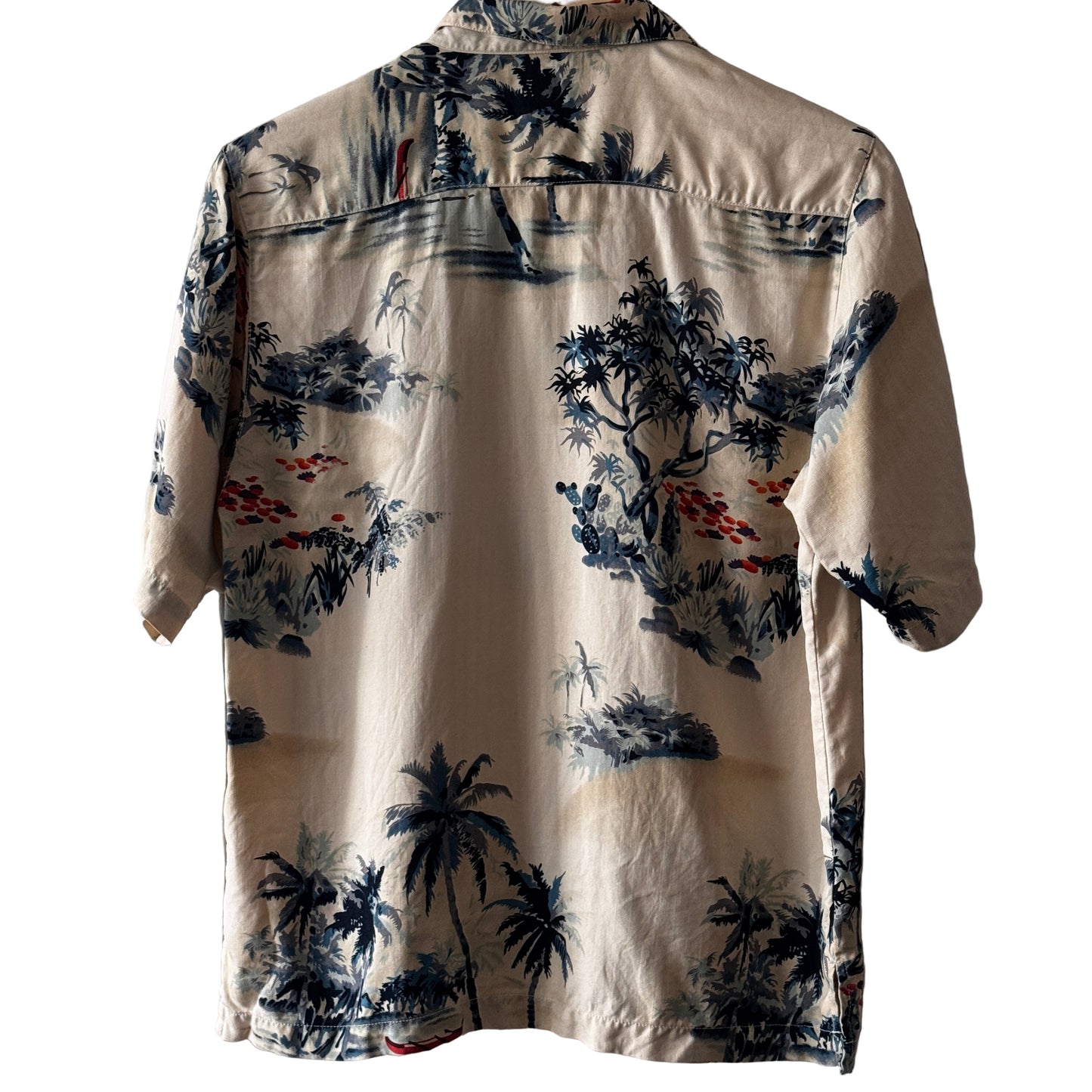 Tommy Bahama Silk Aloha Men’s Shirt Small Beige Tropical Palm Tree Button-Down Retro Vacation Button up Shirt