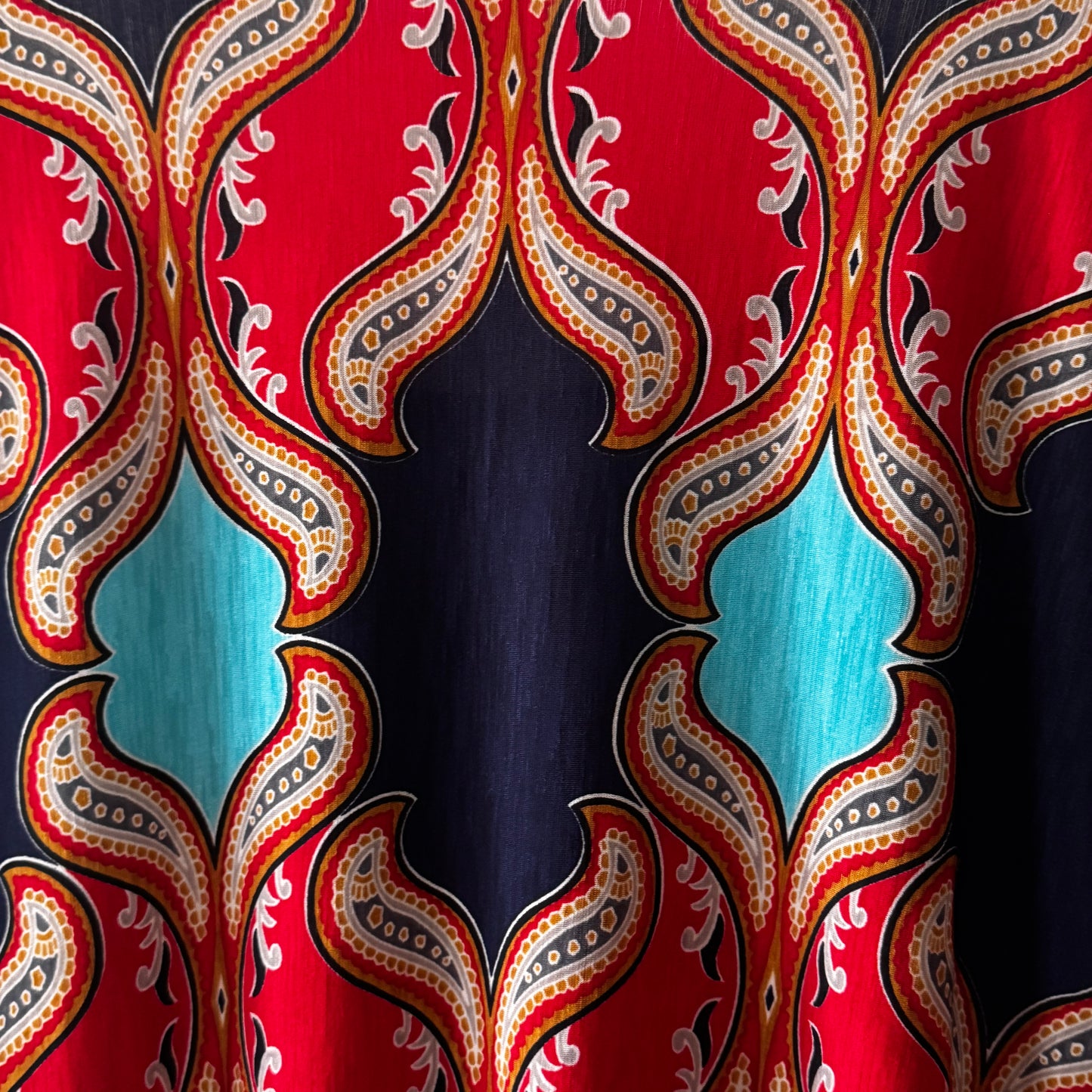 70s Boho Revival Retro Paisley Swing Dress Red Teal Made in LA Dress Women’s Size 1X