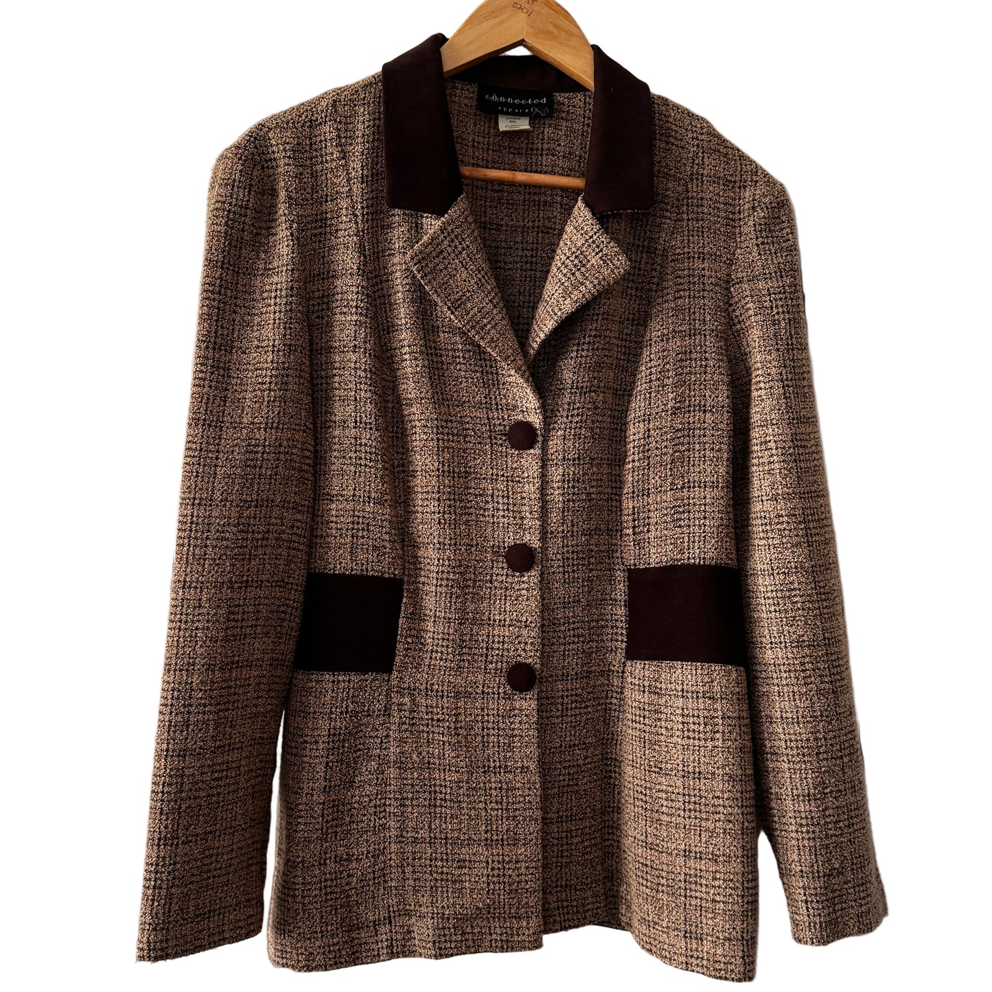 Vintage Tweed Women’s Blazer Faux Suede Trim Connected Apparel Size 10 Brown Check Jacket