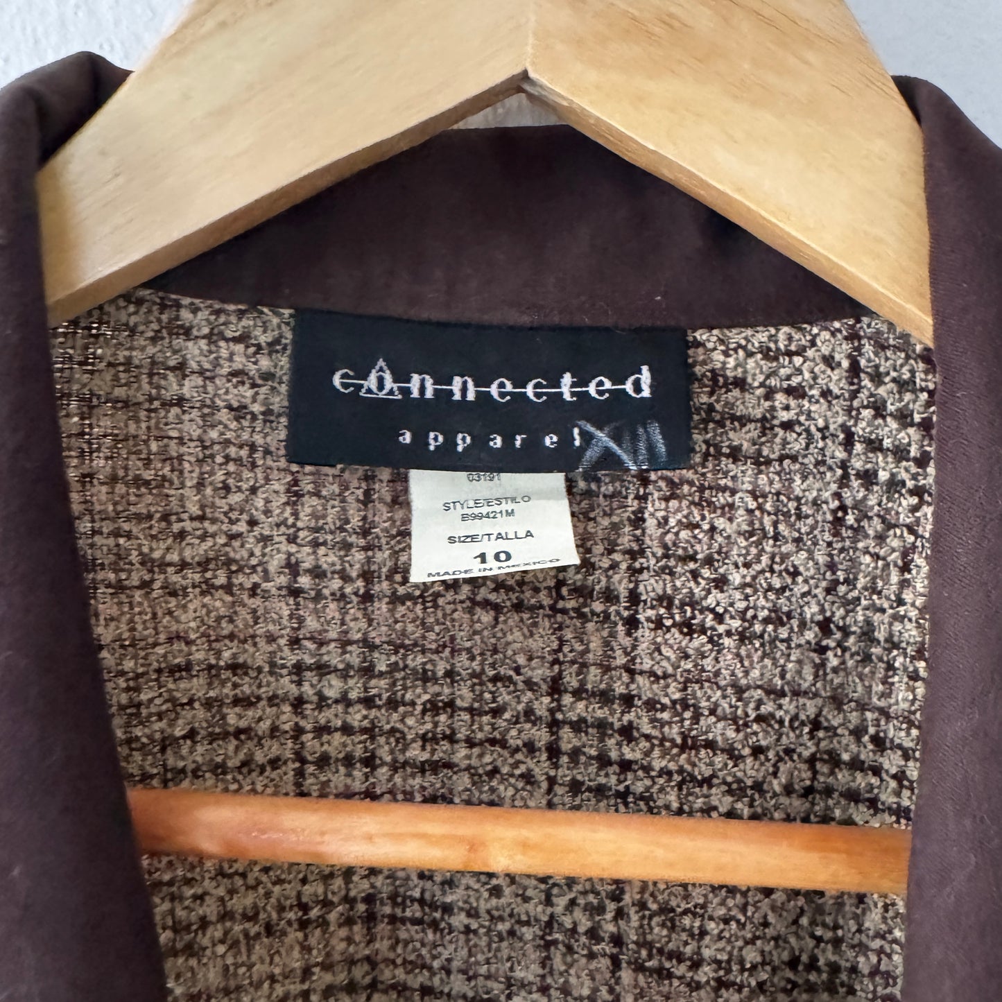 Vintage Tweed Women’s Blazer Faux Suede Trim Connected Apparel Size 10 Brown Check Jacket