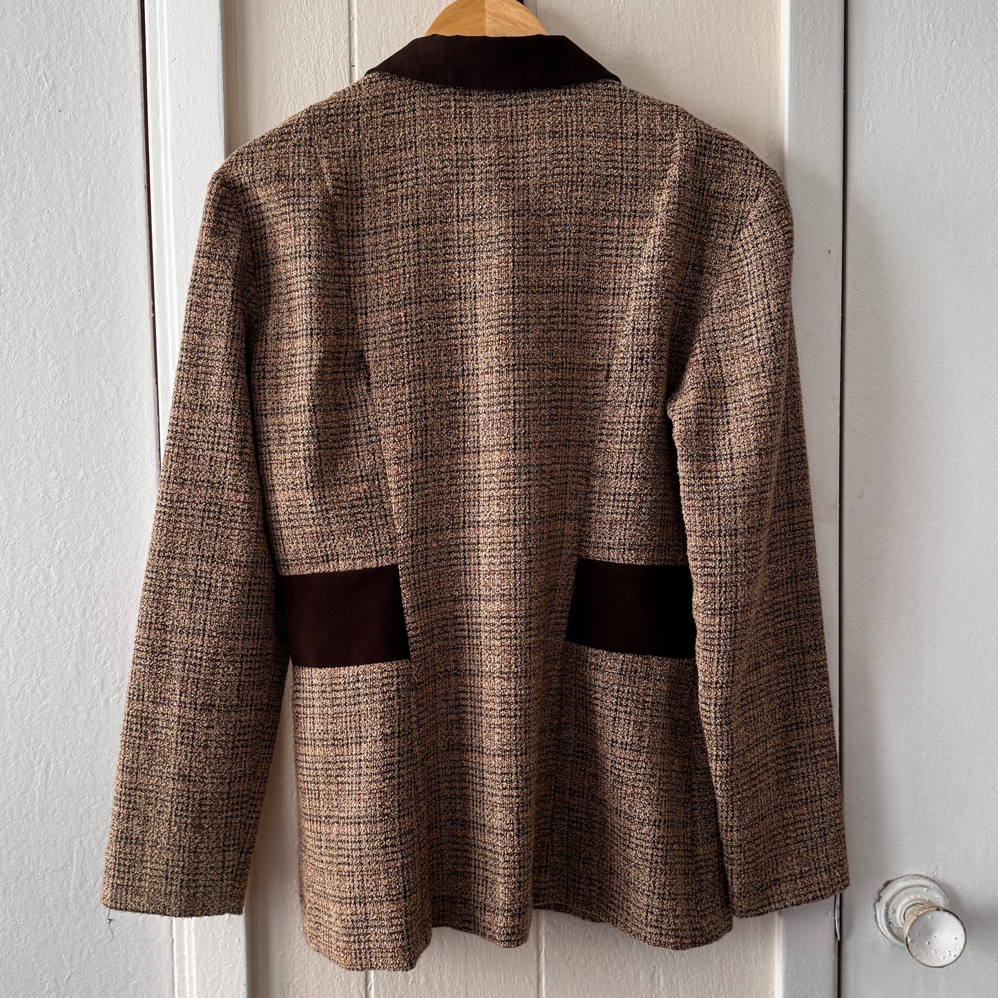 Vintage Tweed Women’s Blazer Faux Suede Trim Connected Apparel Size 10 Brown Check Jacket