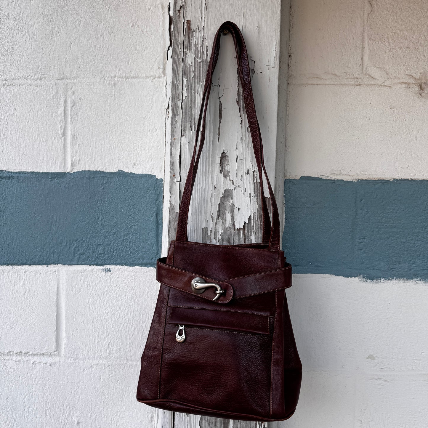 Vintage Mahogany Genuine Leather Shoulder Crossbody Women’s Bag Structured Tote Buckle Detail Timeless