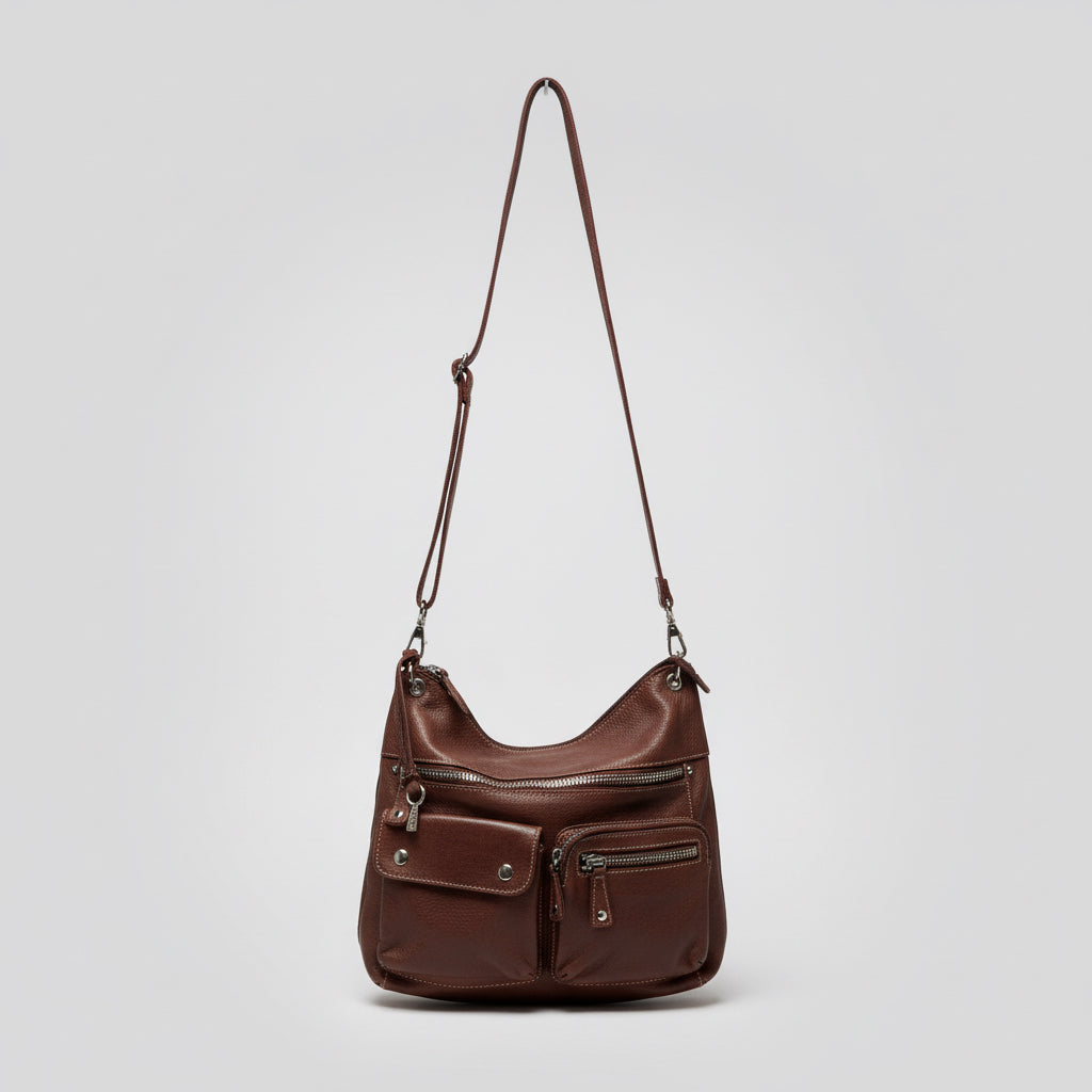 Vintage 2000’s Y2k Fossil Brown Leather Women’s Crossbody Bag Slouchy Soft Pebbled Leather Multi-Pocket Utility Style Bag