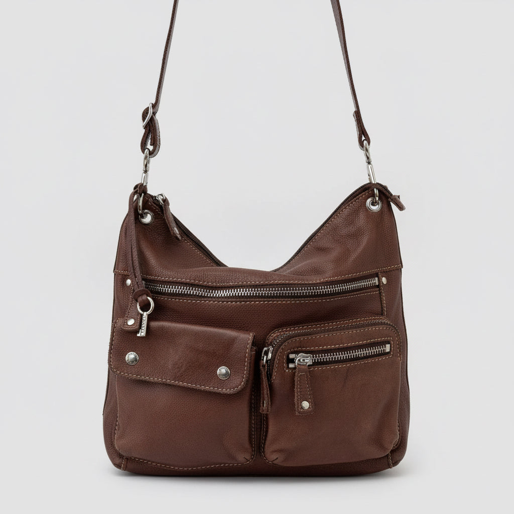 Vintage 2000’s Y2k Fossil Brown Leather Women’s Crossbody Bag Slouchy Soft Pebbled Leather Multi-Pocket Utility Style Bag