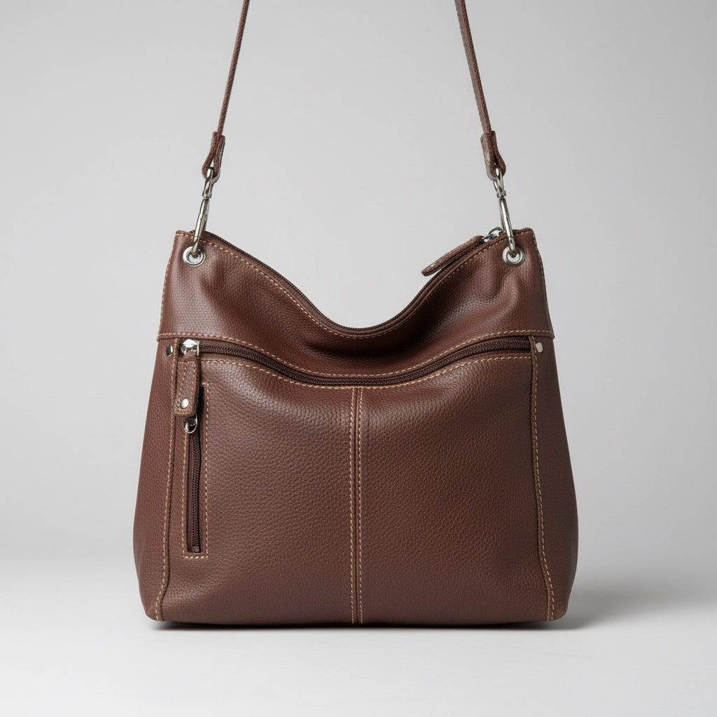 Vintage 2000’s Y2k Fossil Brown Leather Women’s Crossbody Bag Slouchy Soft Pebbled Leather Multi-Pocket Utility Style Bag