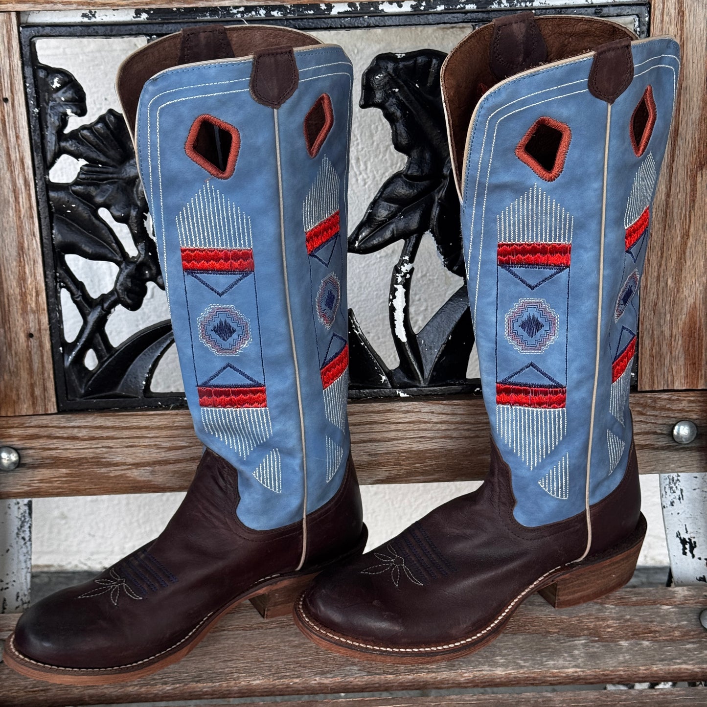 Retro Leather Western Y2K Boots Nocona Women’s 6.5B Blue & Orange Embroidered Shaft Made in Mexico Classic Cowboy Boot