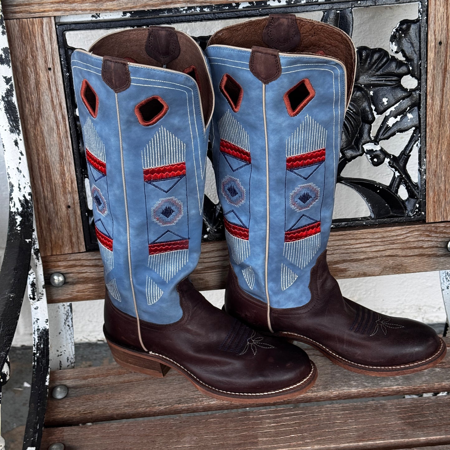 Retro Leather Western Y2K Boots Nocona Women’s 6.5B Blue & Orange Embroidered Shaft Made in Mexico Classic Cowboy Boot