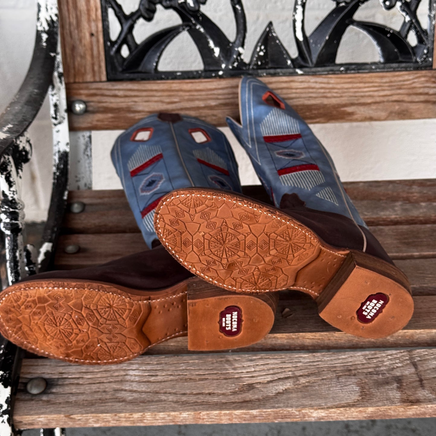 Retro Leather Western Y2K Boots Nocona Women’s 6.5B Blue & Orange Embroidered Shaft Made in Mexico Classic Cowboy Boot