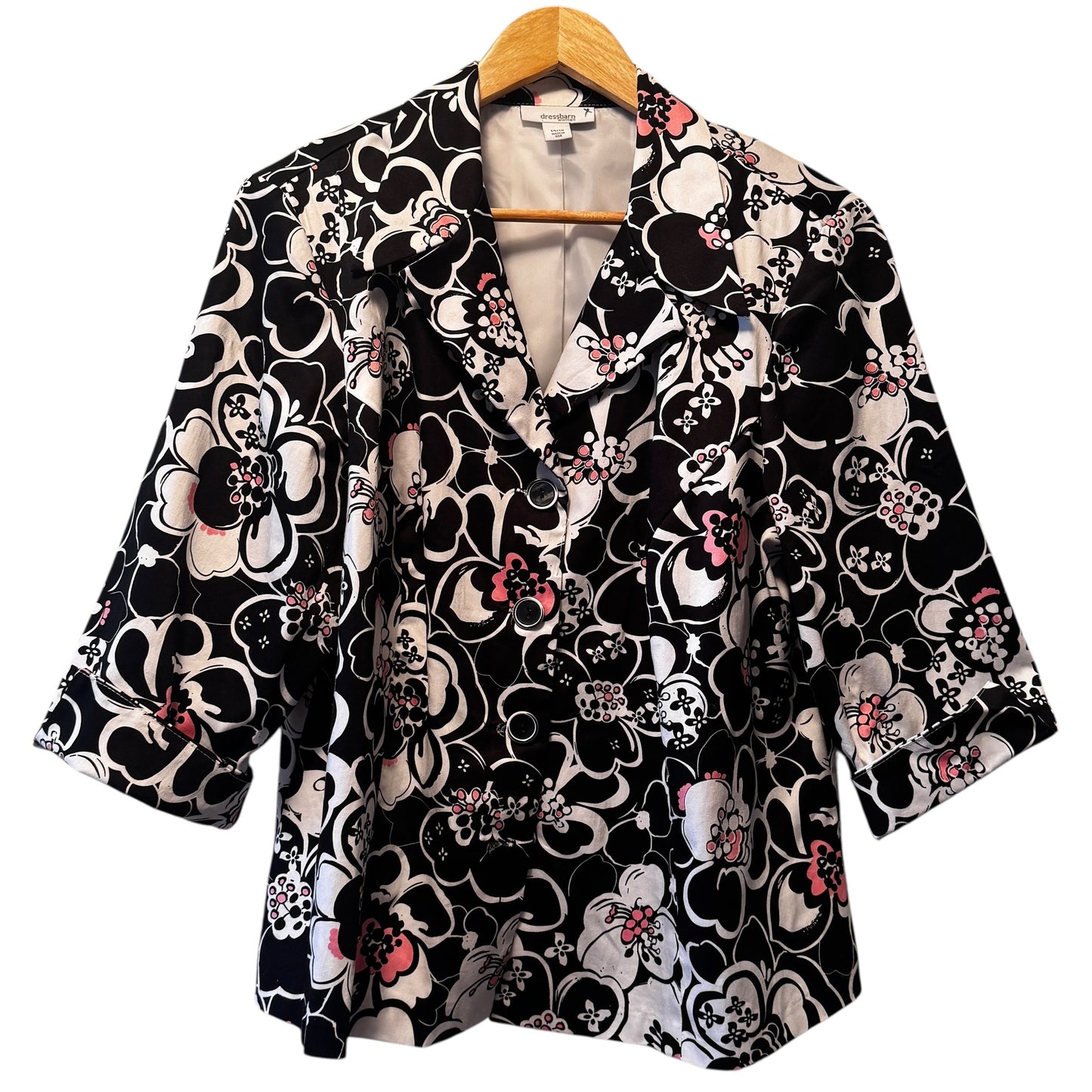 Dressbarn Black White Pink Mod Floral Women’s Blazer Cotton Size 14/16 Made in USA