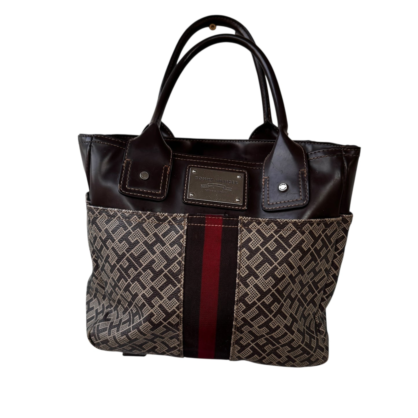 Y2K Tommy Hilfiger Logo Women’s Tote Bag Brown Faux Leather Trim Red Racing StripenStructured Top Handle Carryall