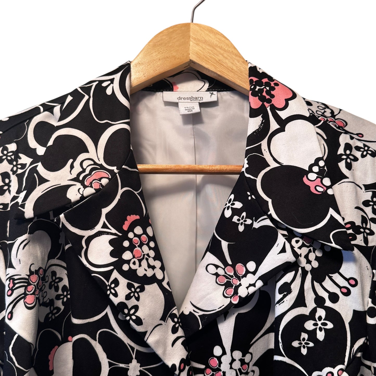 Dressbarn Black White Pink Mod Floral Women’s Blazer Cotton Size 14/16 Made in USA