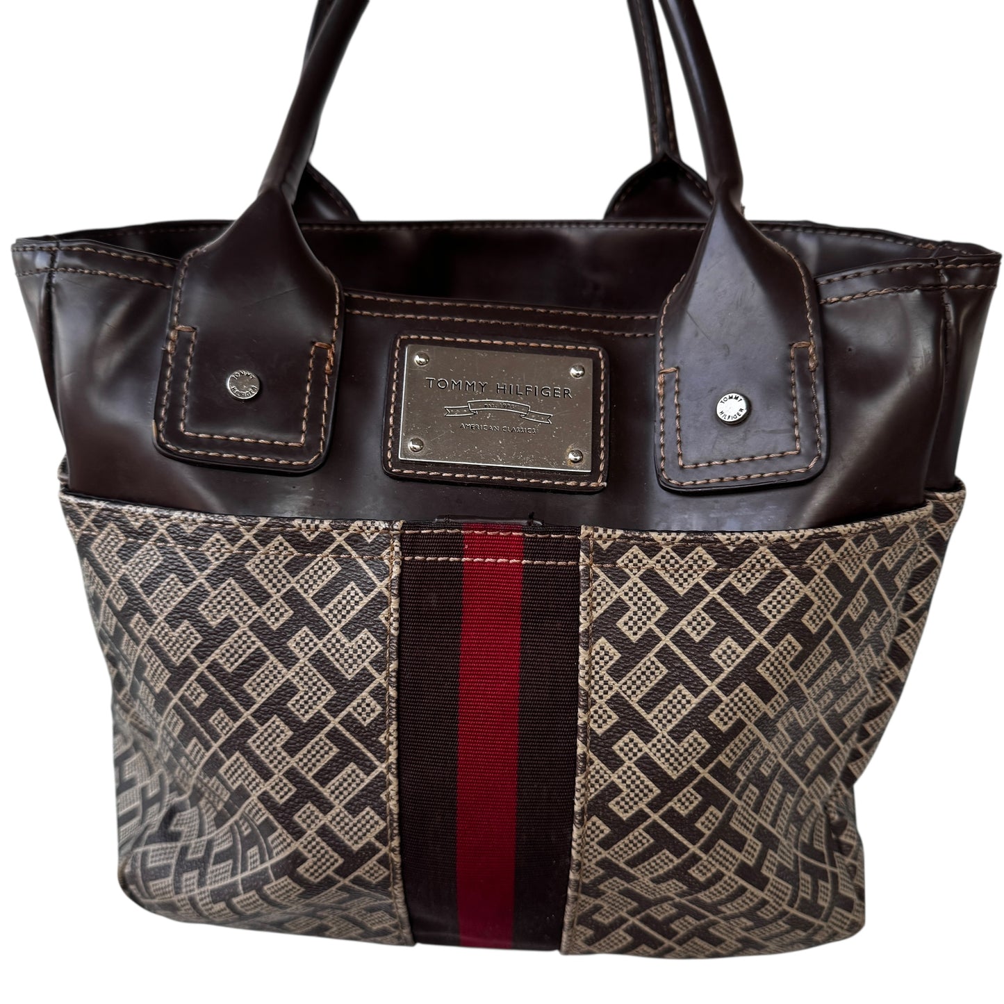 Y2K Tommy Hilfiger Logo Women’s Tote Bag Brown Faux Leather Trim Red Racing StripenStructured Top Handle Carryall