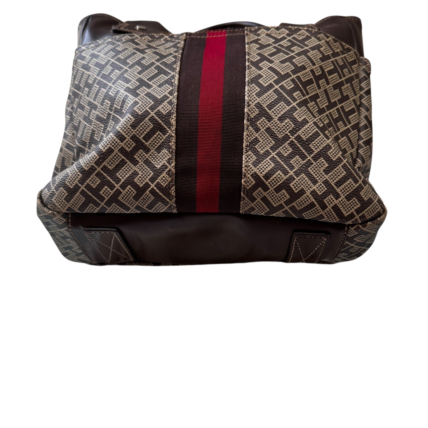 Y2K Tommy Hilfiger Logo Women’s Tote Bag Brown Faux Leather Trim Red Racing StripenStructured Top Handle Carryall