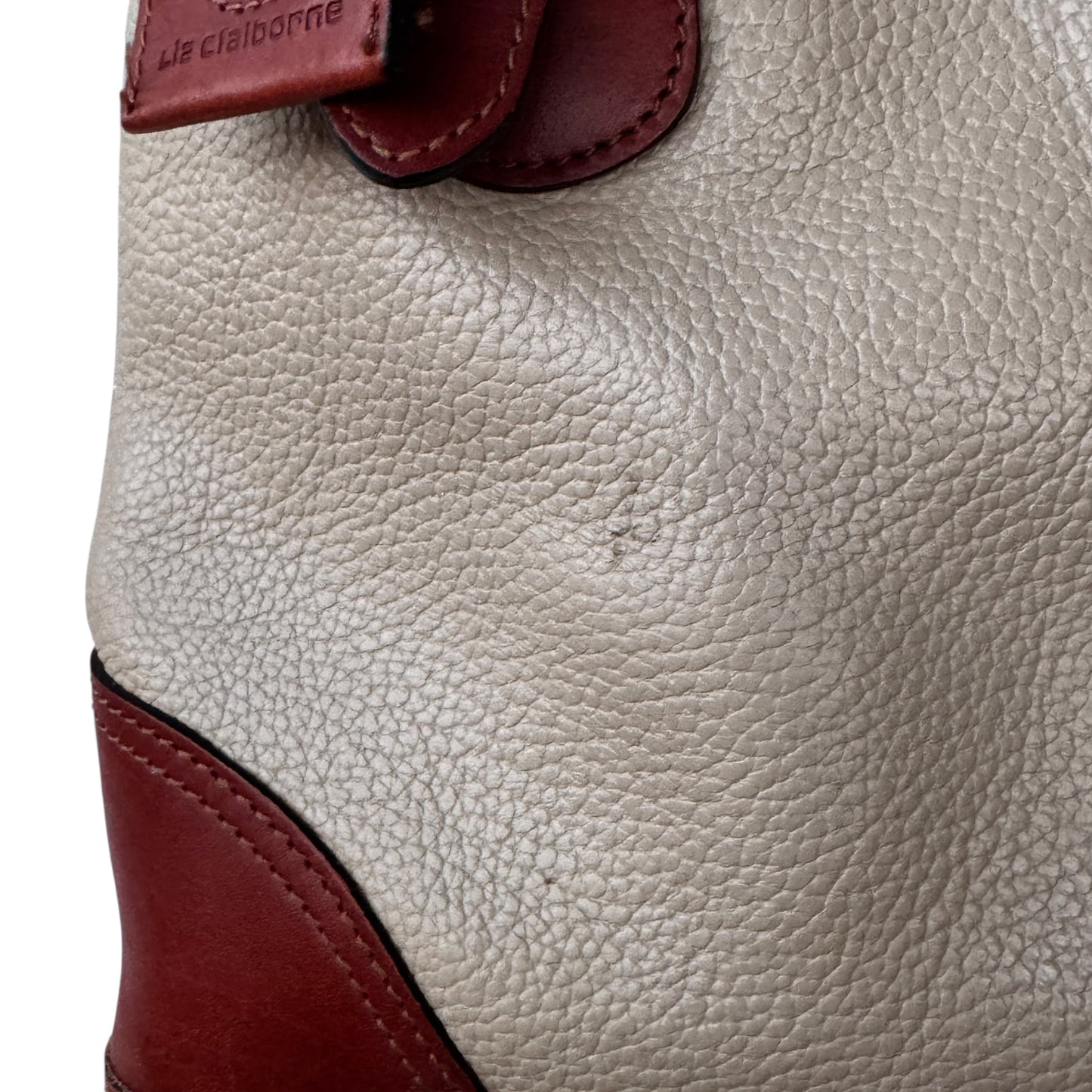 Vintage Liz Claiborne Genuine Leather Women’s Tote Bag Cream Pebbled Body Chestnut Trim Classic Preppy Equestrian Style