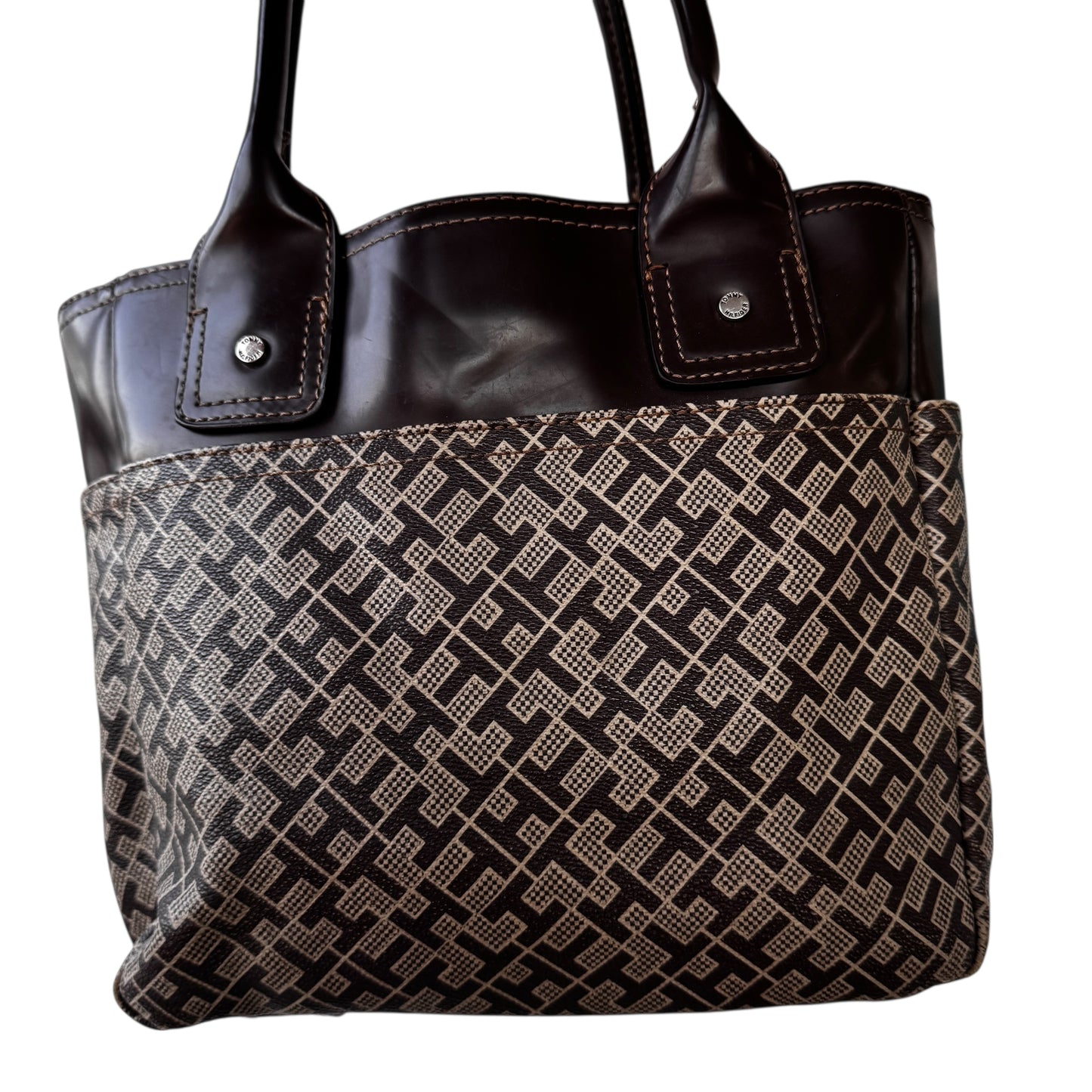 Y2K Tommy Hilfiger Logo Women’s Tote Bag Brown Faux Leather Trim Red Racing StripenStructured Top Handle Carryall