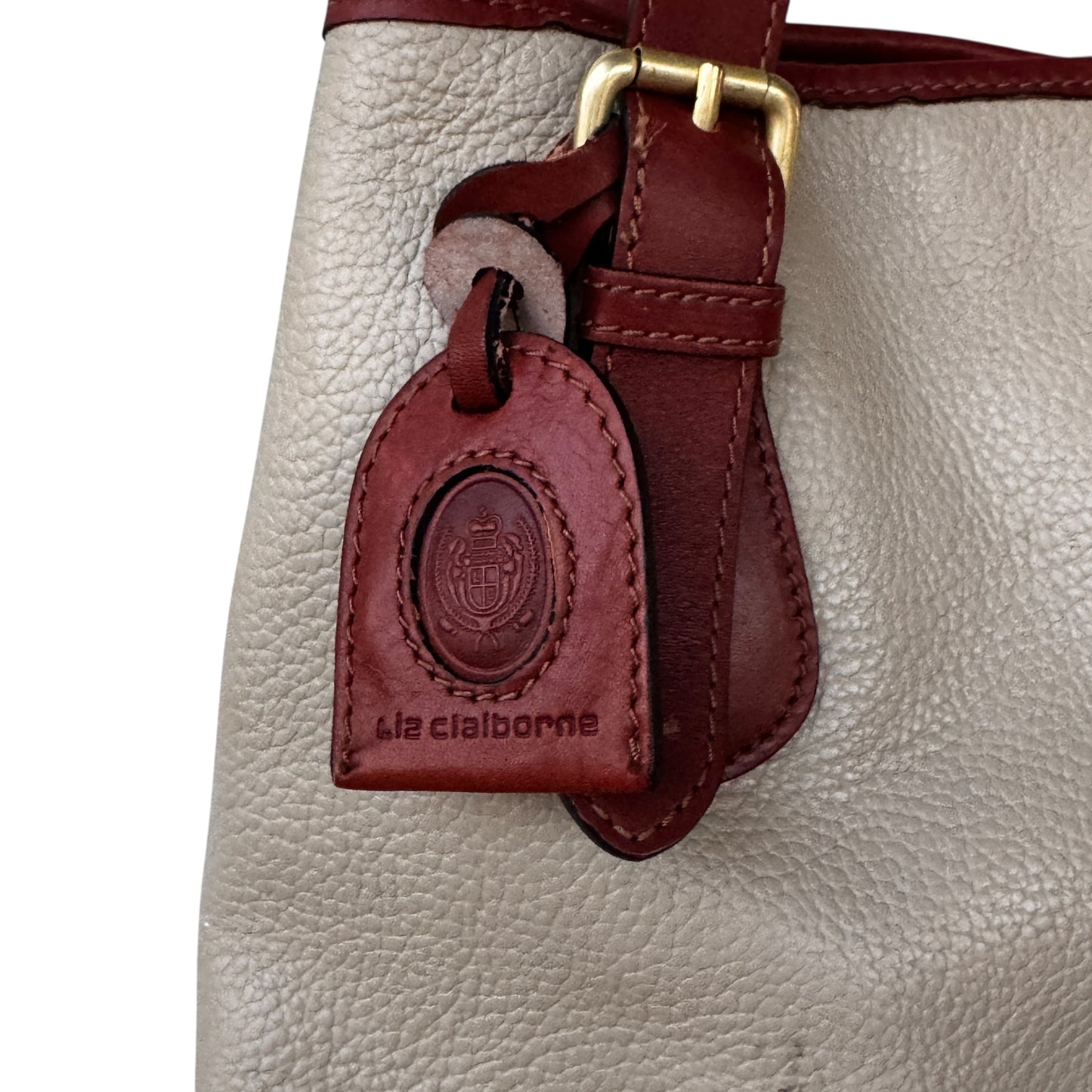 Vintage Liz Claiborne Genuine Leather Women’s Tote Bag Cream Pebbled Body Chestnut Trim Classic Preppy Equestrian Style