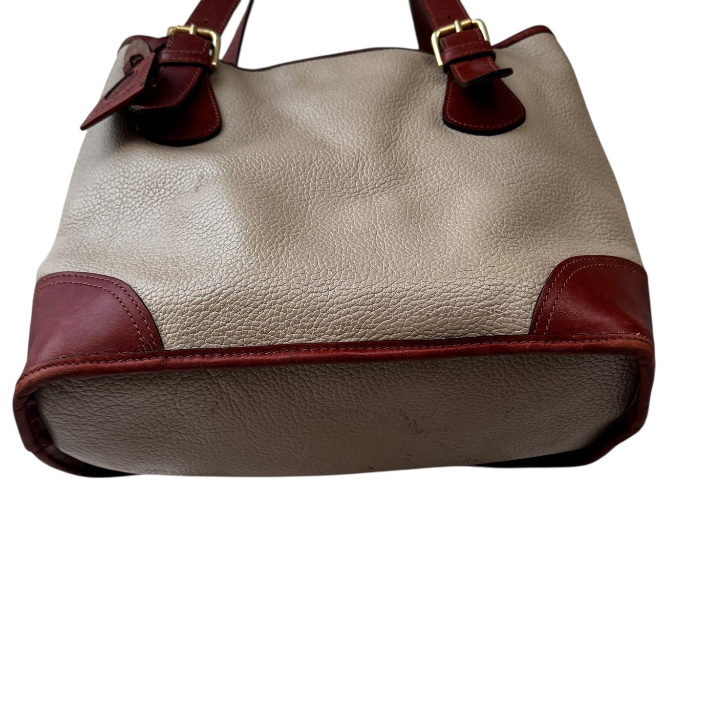 Vintage Liz Claiborne Genuine Leather Women’s Tote Bag Cream Pebbled Body Chestnut Trim Classic Preppy Equestrian Style