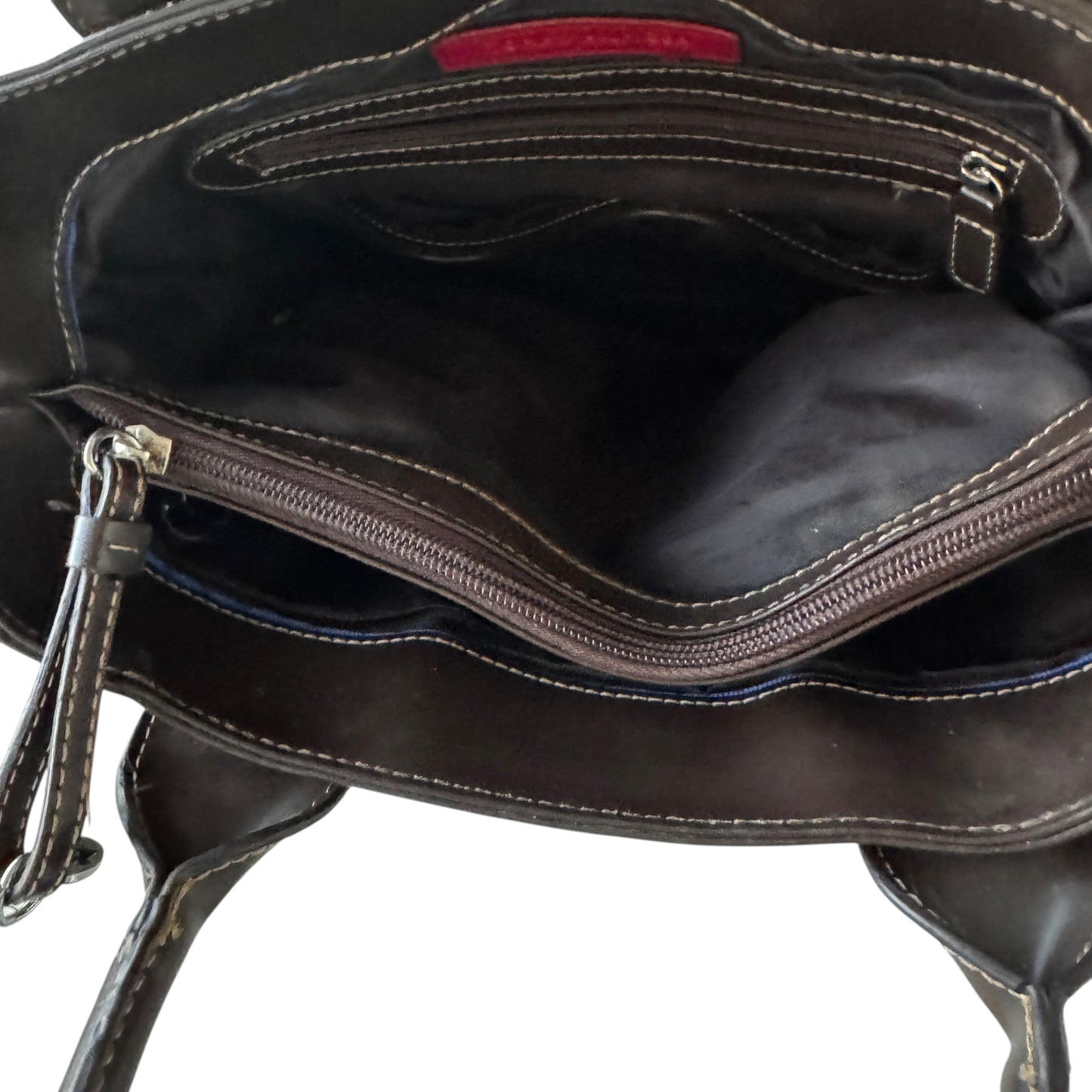 Y2K Tommy Hilfiger Logo Women’s Tote Bag Brown Faux Leather Trim Red Racing StripenStructured Top Handle Carryall