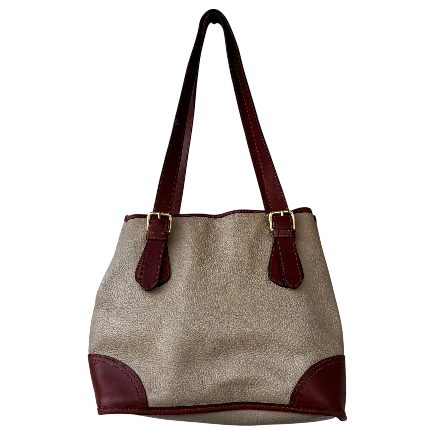 Vintage Liz Claiborne Genuine Leather Women’s Tote Bag Cream Pebbled Body Chestnut Trim Classic Preppy Equestrian Style