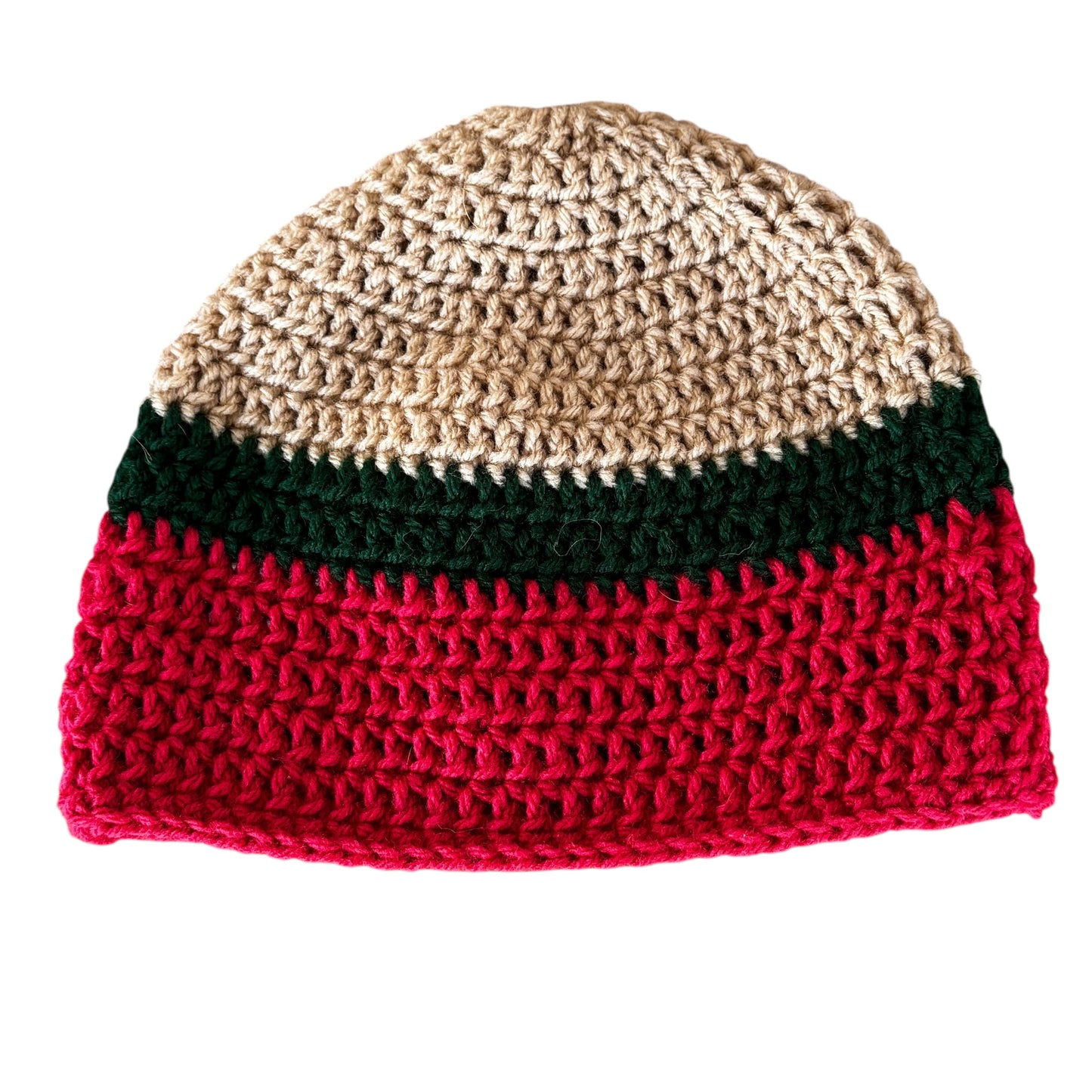 Handmade Knit-Hat Women’s Crochet Striped Beanie Red Forest Green & Oatmeal
