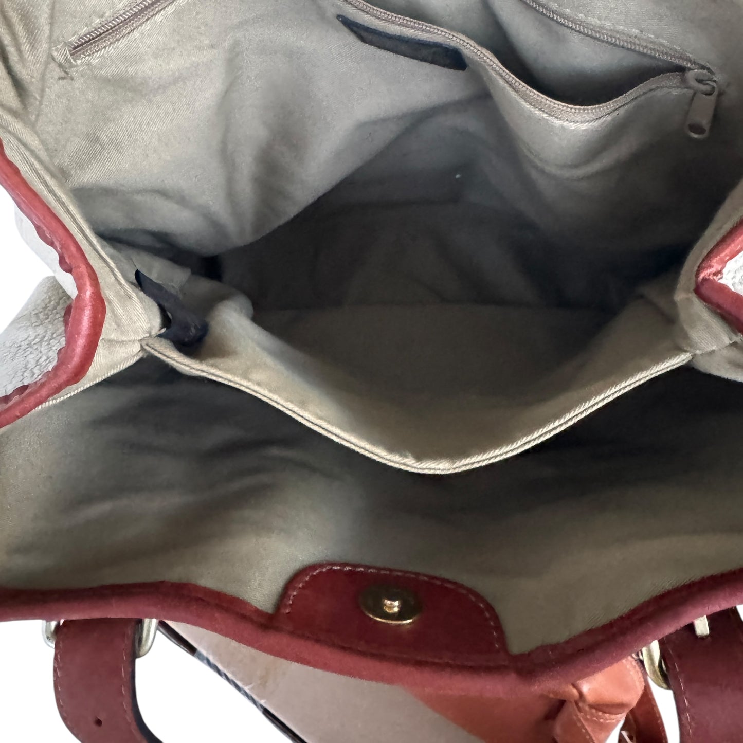 Vintage Liz Claiborne Genuine Leather Women’s Tote Bag Cream Pebbled Body Chestnut Trim Classic Preppy Equestrian Style