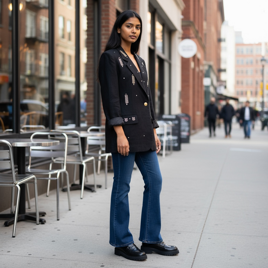 Woman in a black blazer and blue jeans standing on a city street.