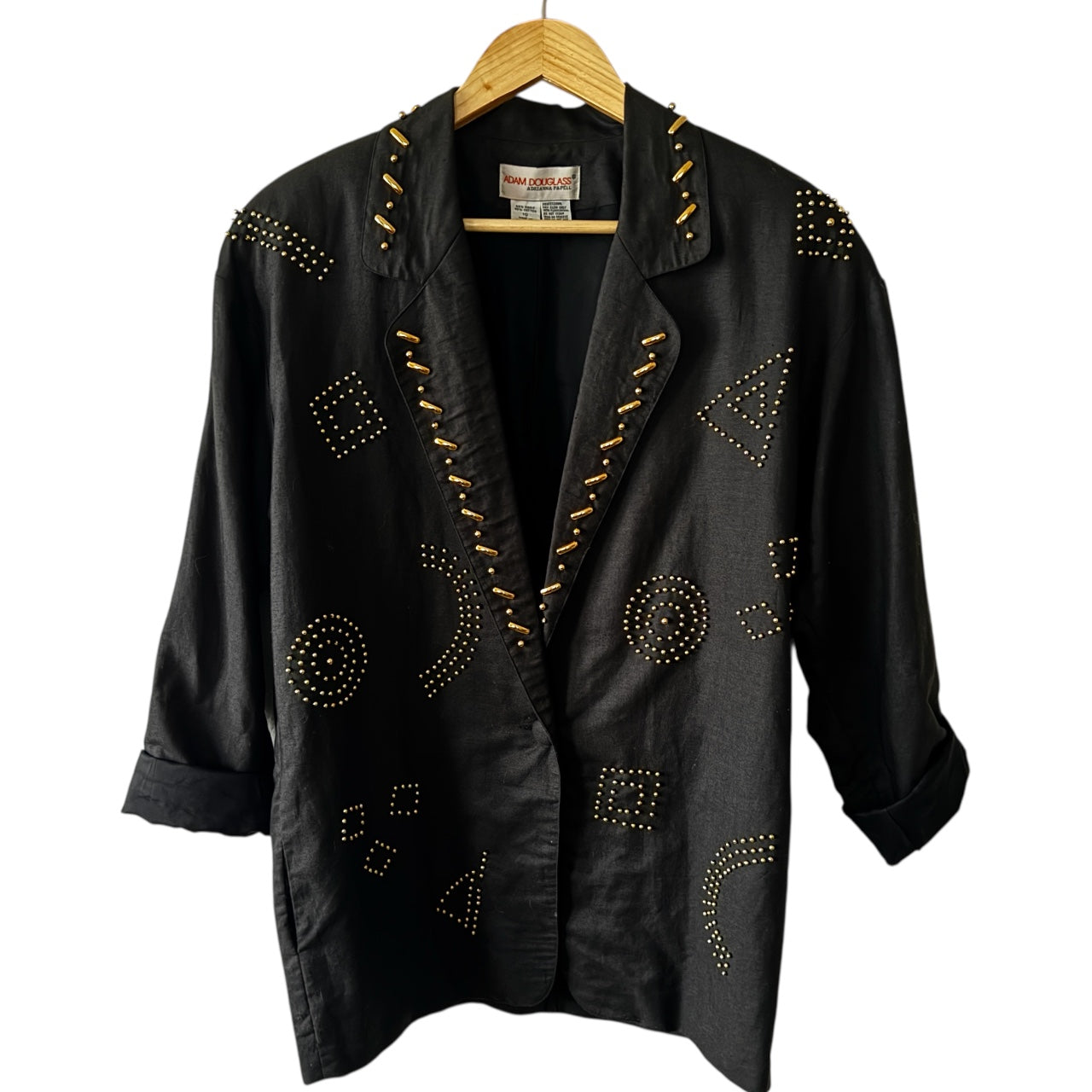 Vintage 1980s Adam Douglass by Adrianna Papell Studded Women’s Blazer | Black Geometric Art Deco Design | Size 10 Made in Hong Kong