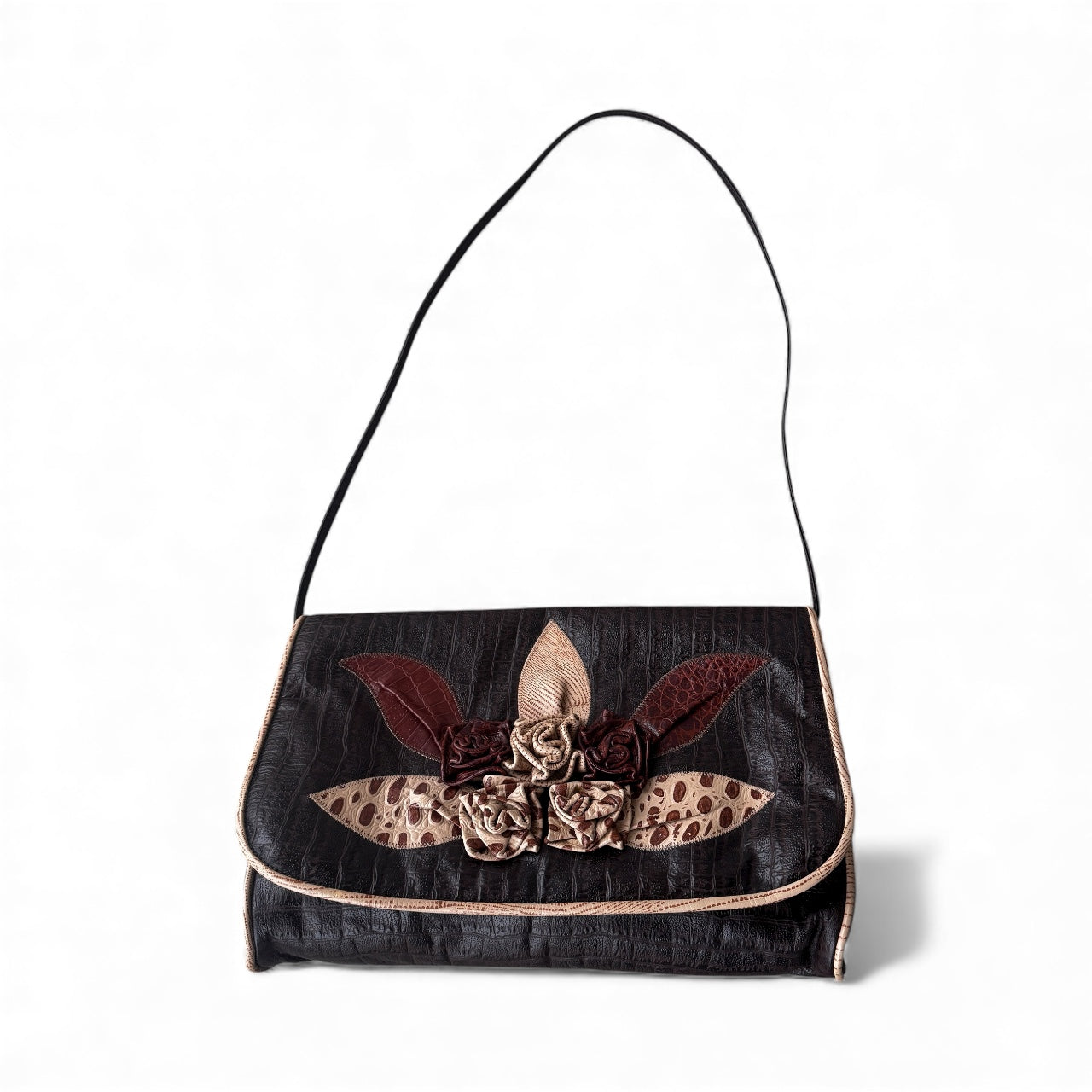 Vintage 1970s Genuine Leather Floral Appliqué Women’s Purse by REEM | Made in USA | Boho Western Clutch Shoulder Bag