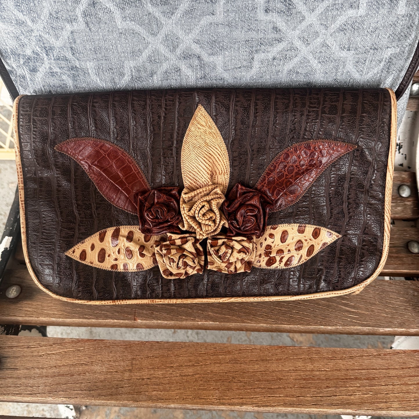 Vintage 1970s Genuine Leather Floral Appliqué Women’s Purse by REEM | Made in USA | Boho Western Clutch Shoulder Bag