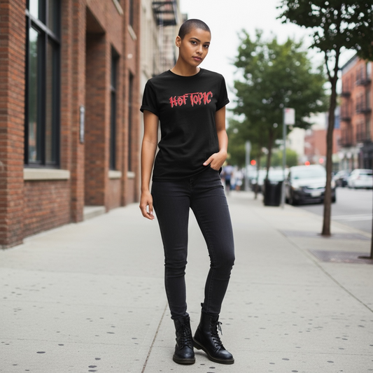 Retro Hot Topic Logo Women’s Tee (2000s Emo/Alt Style) | Black Graphic T-Shirt | Size M