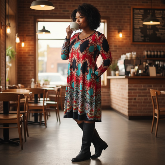 70s Boho Revival Retro Paisley Swing Dress Red Teal Made in LA Dress Women’s Size 1X