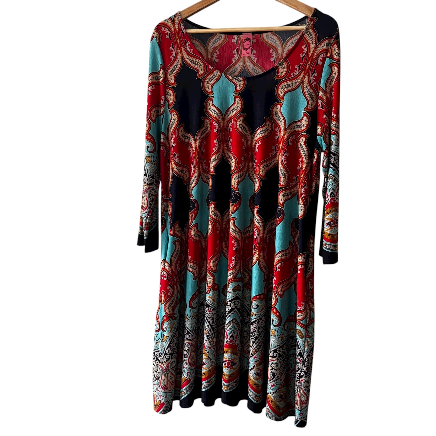 70s Boho Revival Retro Paisley Swing Dress Red Teal Made in LA Dress Women’s Size 1X